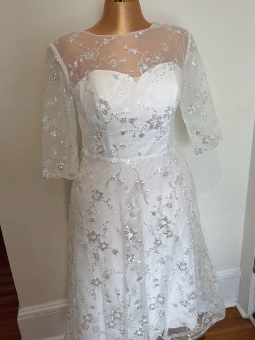 White Embroidered Tea-Length Dress